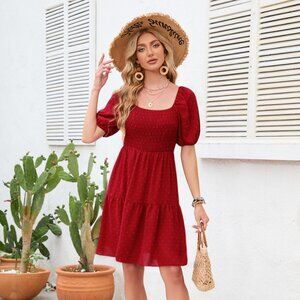 Swiss Dot Smocked Square Neck Dress